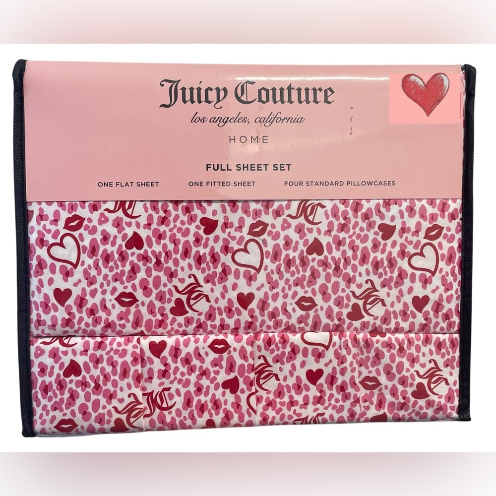 Juicy Couture 6pc DP Full Sheet Set White Red Pink Hearts Lips 4 Pillowcases NIP